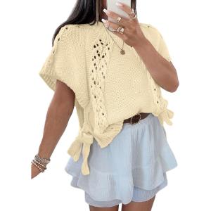 Saodimallsu Womens Summer Crochet Sweaters Batwing Cap Sleeve Cable Knit Crewneck Side Tie Casual Pullover Tops(Apricot)