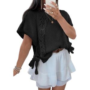 Saodimallsu Womens Summer Crochet Sweaters Batwing Cap Sleeve Cable Knit Crewneck Side Tie Casual Pullover Tops(Black)