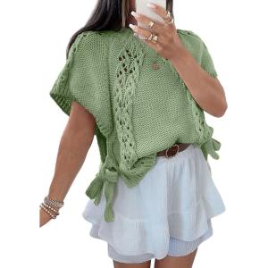 Saodimallsu Womens Summer Crochet Sweaters Batwing Cap Sleeve Cable Knit Crewneck Side Tie Casual Pullover Tops(Green)