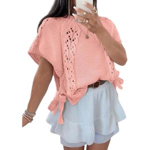 Saodimallsu Womens Summer Crochet Sweaters Batwing Cap Sleeve Cable Knit Crewneck Side Tie Casual Pullover Tops(Pink)