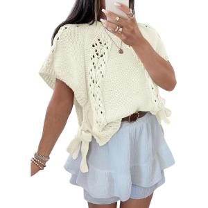 Saodimallsu Womens Summer Crochet Sweaters Batwing Cap Sleeve Cable Knit Crewneck Side Tie Casual Pullover Tops(White)