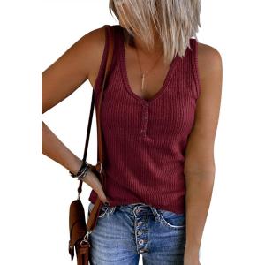 Saodimallsu Womens V Neck Tank Tops Summer Ribbed Sleeveless Henley Shirts Casual Loose Button Up Cami Knit Tees(Wine Red)