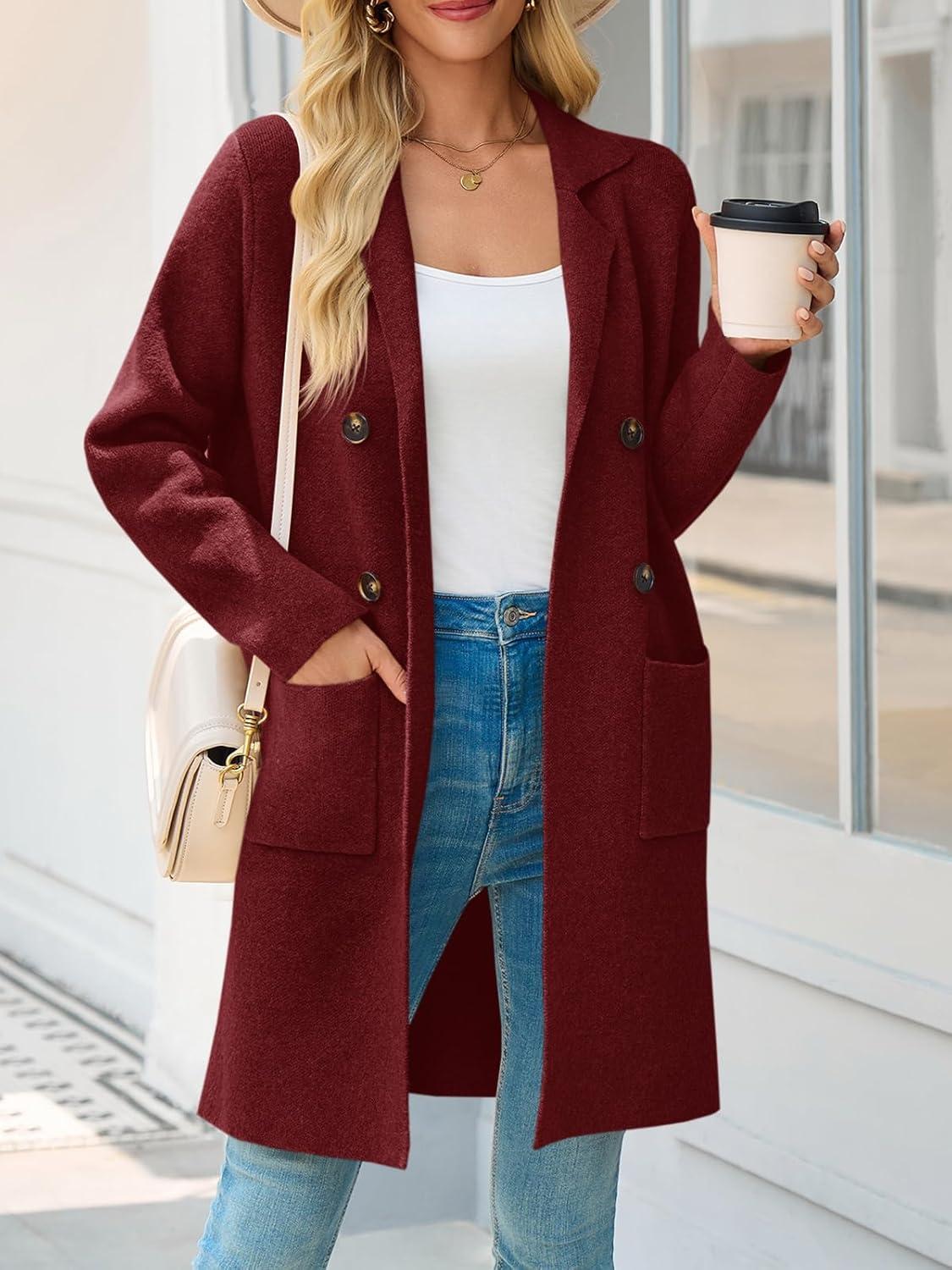 imageSaodimallsu Womens Long Cardigan Sweaters Open Front Knit Dressy Casual Chunky Lapel Coatigan Fall Sweater Blazer CoatsWine Red