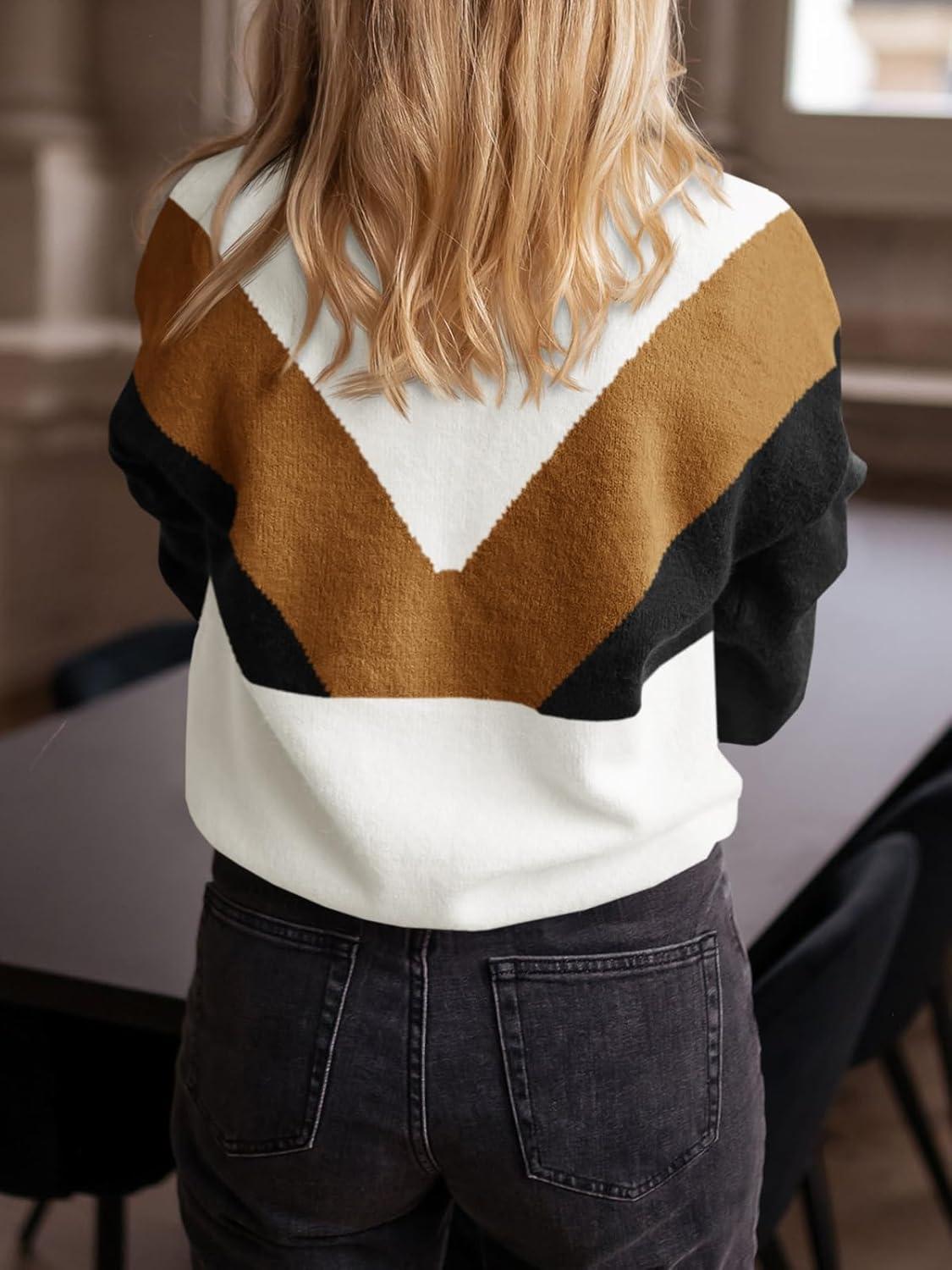 imageSaodimallsu Womens Color Block Sweaters Mock Neck Button Long Sleeve Knit Henley Shirts Loose Casual Pullover TopsBrown