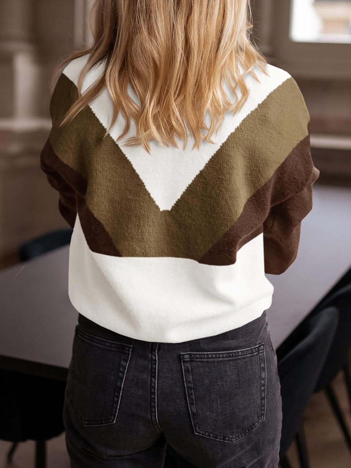 imageSaodimallsu Womens Color Block Sweaters Mock Neck Button Long Sleeve Knit Henley Shirts Loose Casual Pullover TopsDark Brown