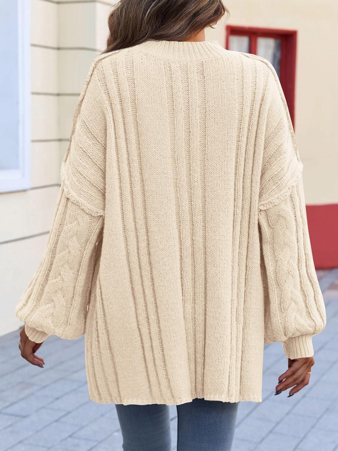 imageSaodimallsu Womens Oversized Sweaters Chunky Cable Knit Crew Neck Casual Long Lantern Sleeve Fall Tunic Sweater TopsBeige