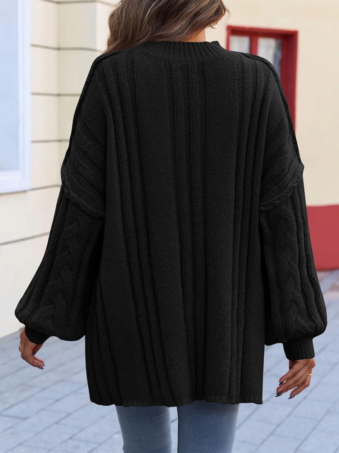 imageSaodimallsu Womens Oversized Sweaters Chunky Cable Knit Crew Neck Casual Long Lantern Sleeve Fall Tunic Sweater TopsBlack