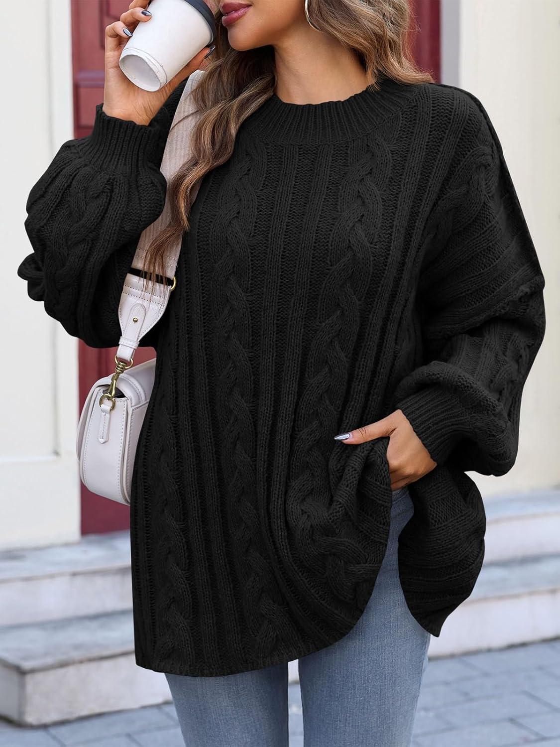 imageSaodimallsu Womens Oversized Sweaters Chunky Cable Knit Crew Neck Casual Long Lantern Sleeve Fall Tunic Sweater TopsBlack