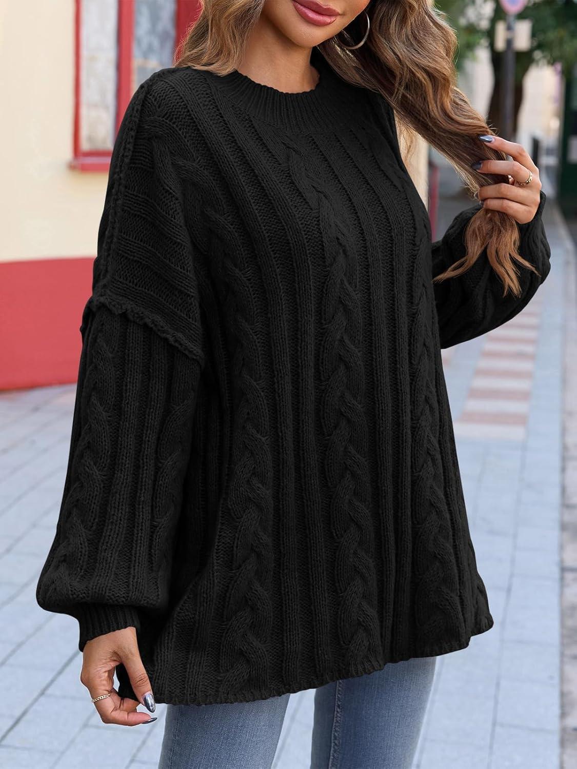 imageSaodimallsu Womens Oversized Sweaters Chunky Cable Knit Crew Neck Casual Long Lantern Sleeve Fall Tunic Sweater TopsBlack