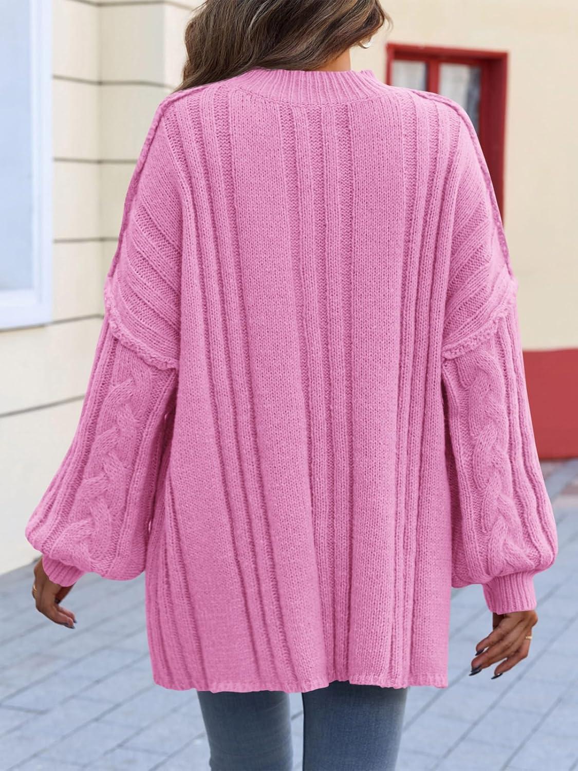 imageSaodimallsu Womens Oversized Sweaters Chunky Cable Knit Crew Neck Casual Long Lantern Sleeve Fall Tunic Sweater TopsBright Pink