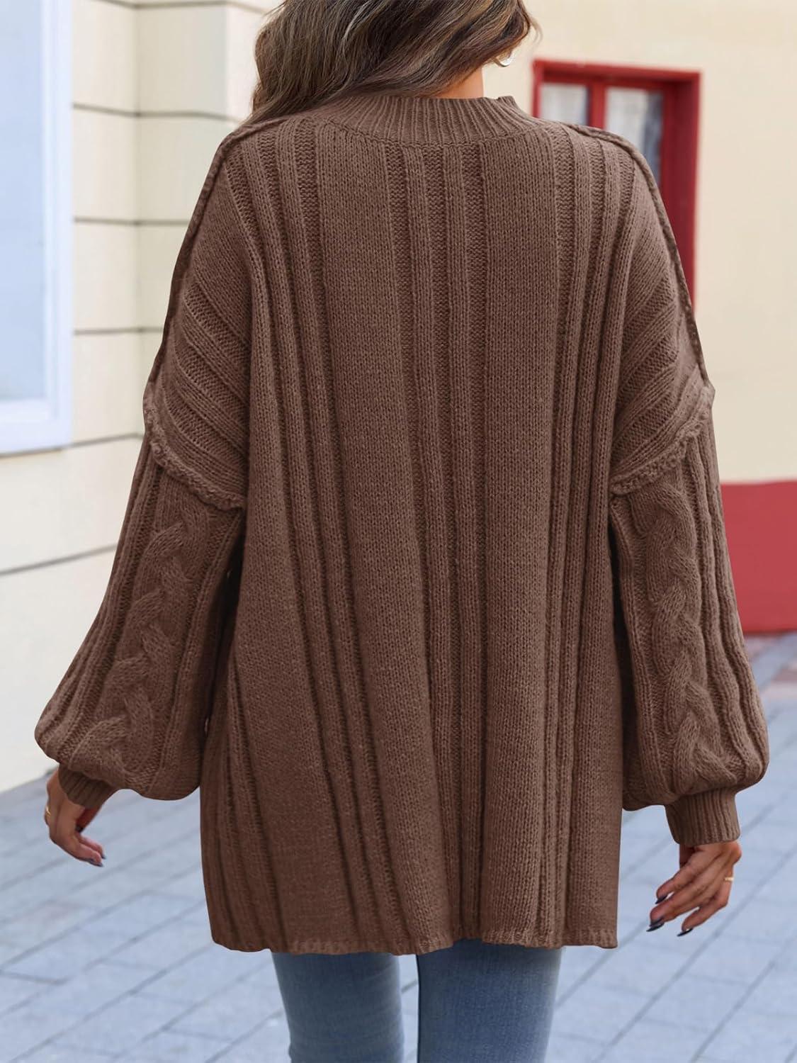 imageSaodimallsu Womens Oversized Sweaters Chunky Cable Knit Crew Neck Casual Long Lantern Sleeve Fall Tunic Sweater TopsCoffee