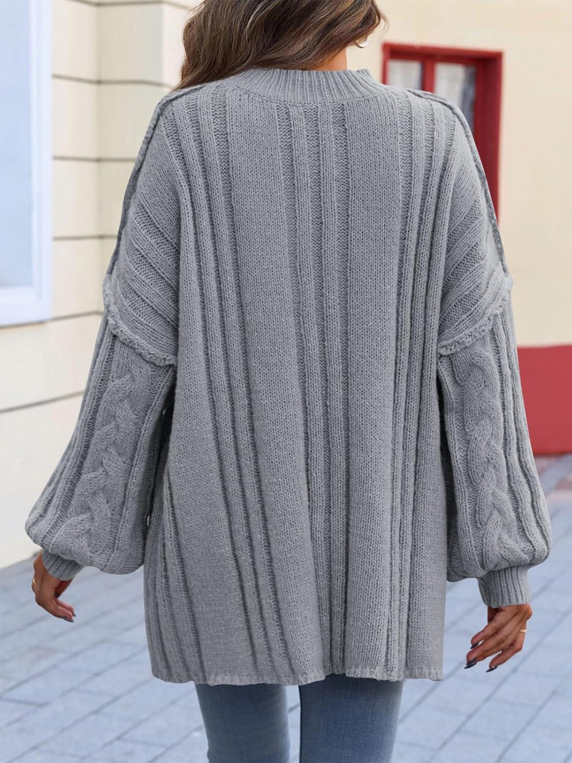 imageSaodimallsu Womens Oversized Sweaters Chunky Cable Knit Crew Neck Casual Long Lantern Sleeve Fall Tunic Sweater TopsGray