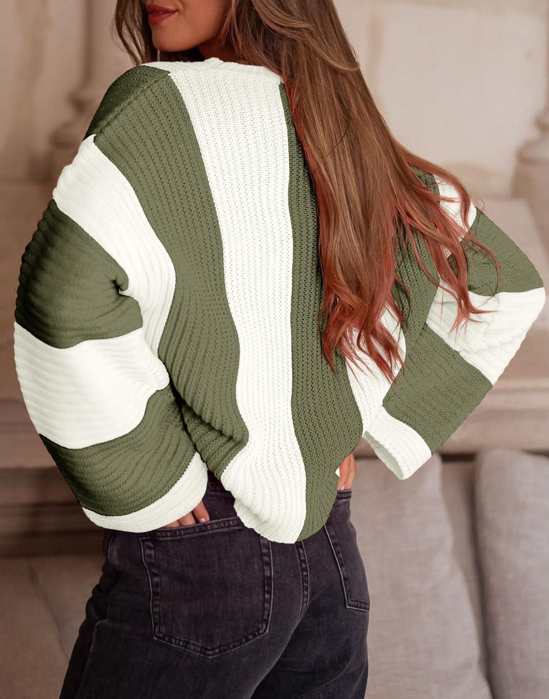 imageSaodimallsu Womens Striped Color Block Sweaters Fall Crew Neck Long Sleeve Ribbed Knit Casual Loose Pullover SweaterArmy Green