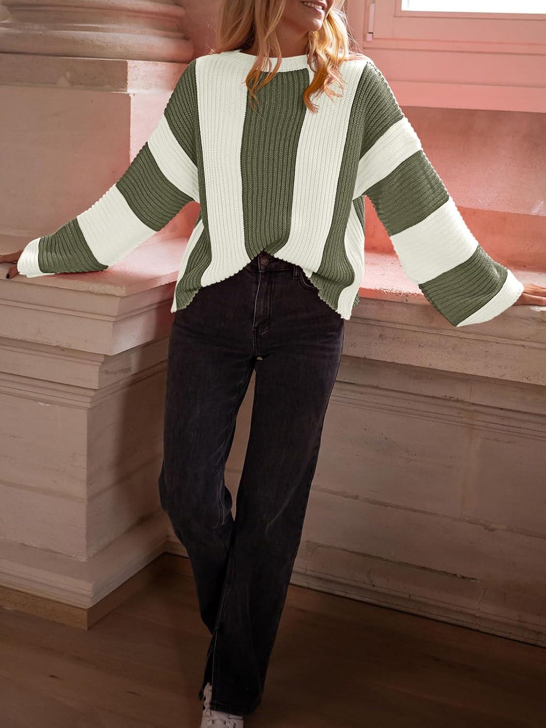 imageSaodimallsu Womens Striped Color Block Sweaters Fall Crew Neck Long Sleeve Ribbed Knit Casual Loose Pullover SweaterArmy Green