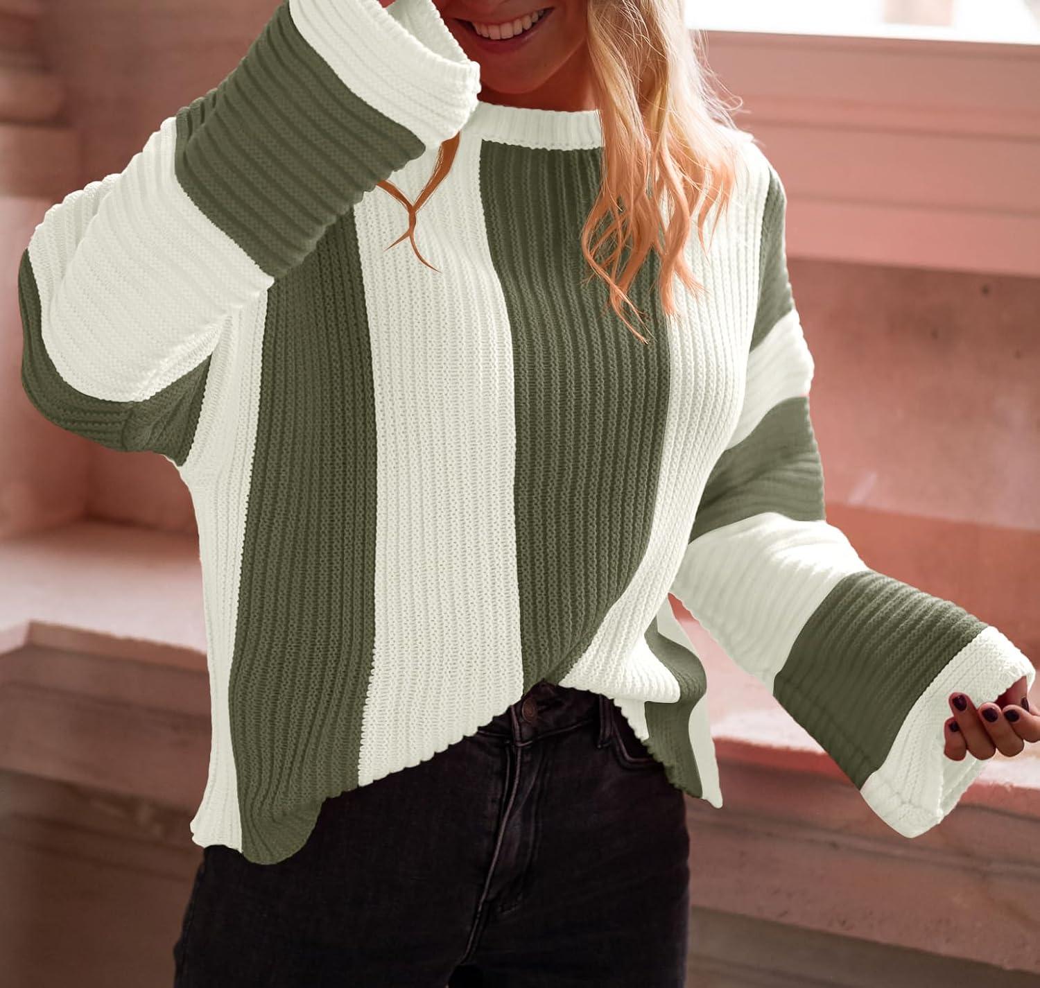 imageSaodimallsu Womens Striped Color Block Sweaters Fall Crew Neck Long Sleeve Ribbed Knit Casual Loose Pullover SweaterArmy Green