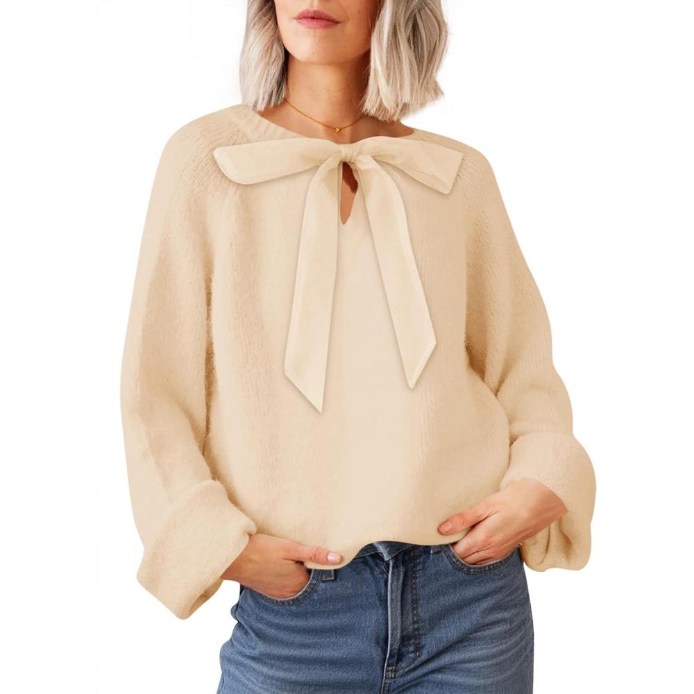 imageSaodimallsu Womens Bow Tie Sweater Crew Neck Long Sleeve Cute Fall Loose Cozy Knit Pullover SweatersBeige