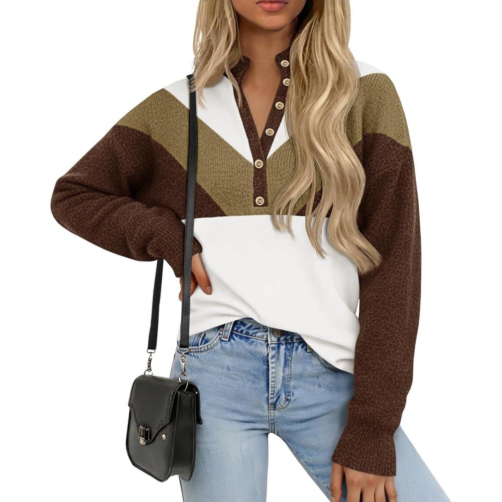 imageSaodimallsu Womens Color Block Sweaters Mock Neck Button Long Sleeve Knit Henley Shirts Loose Casual Pullover TopsDark Brown