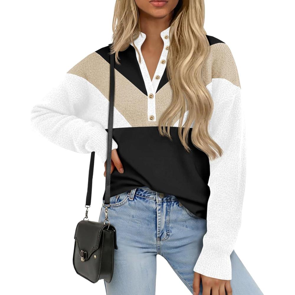 imageSaodimallsu Womens Color Block Sweaters Mock Neck Button Long Sleeve Knit Henley Shirts Loose Casual Pullover TopsWhite