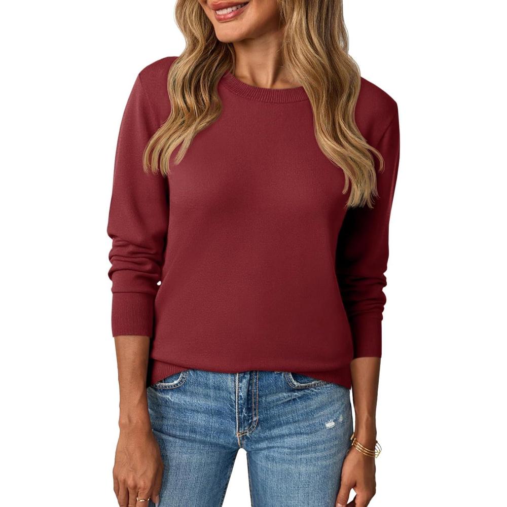 imageSaodimallsu Womens Fall Crew Neck Sweaters Cozy Knit Long Sleeve Lightweight Tops Basic Business Casual OutfitsBurgundy