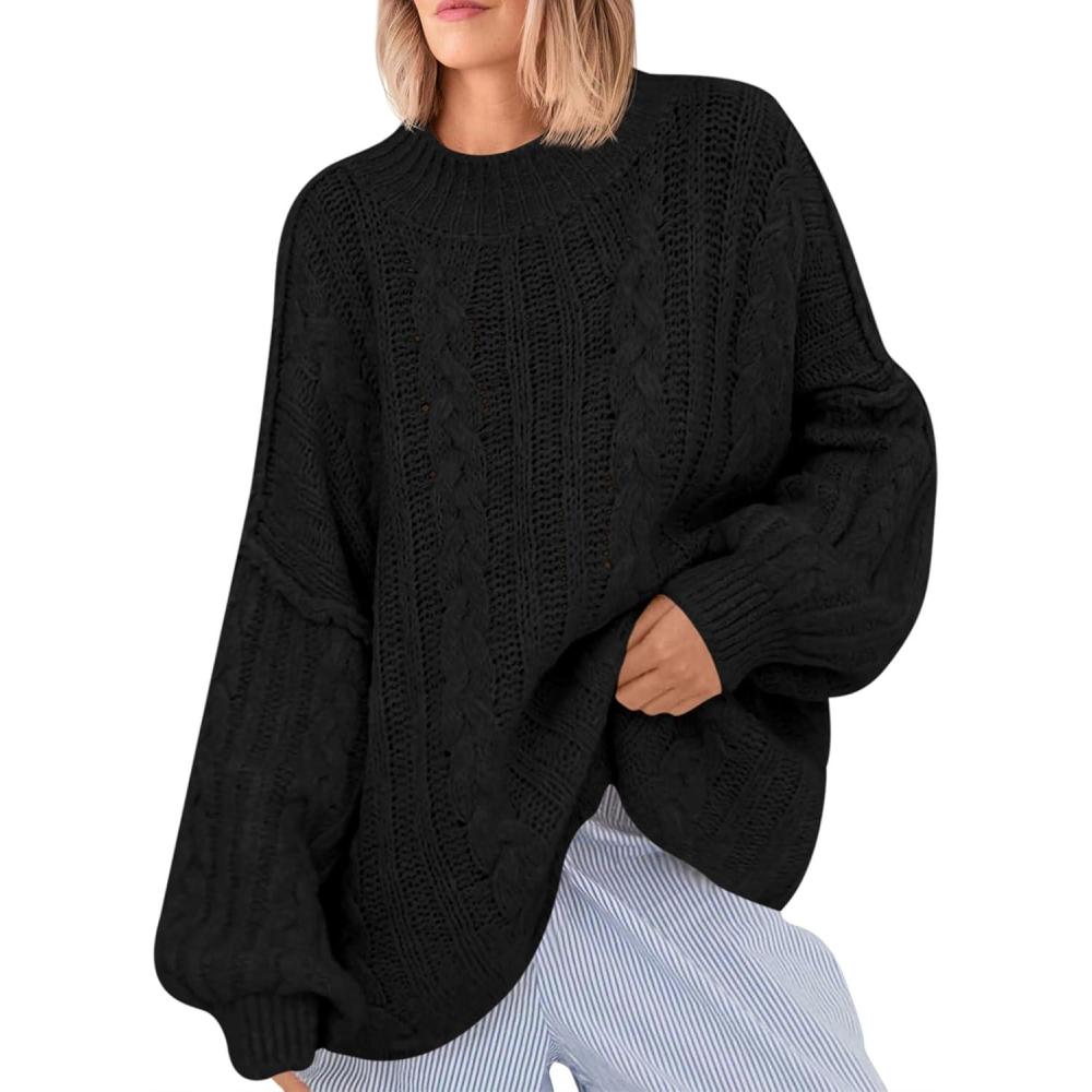 imageSaodimallsu Womens Oversized Sweaters Chunky Cable Knit Crew Neck Casual Long Lantern Sleeve Fall Tunic Sweater TopsBlack