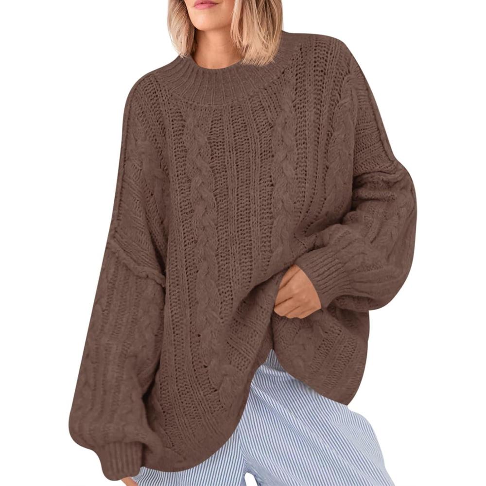 imageSaodimallsu Womens Oversized Sweaters Chunky Cable Knit Crew Neck Casual Long Lantern Sleeve Fall Tunic Sweater TopsCoffee