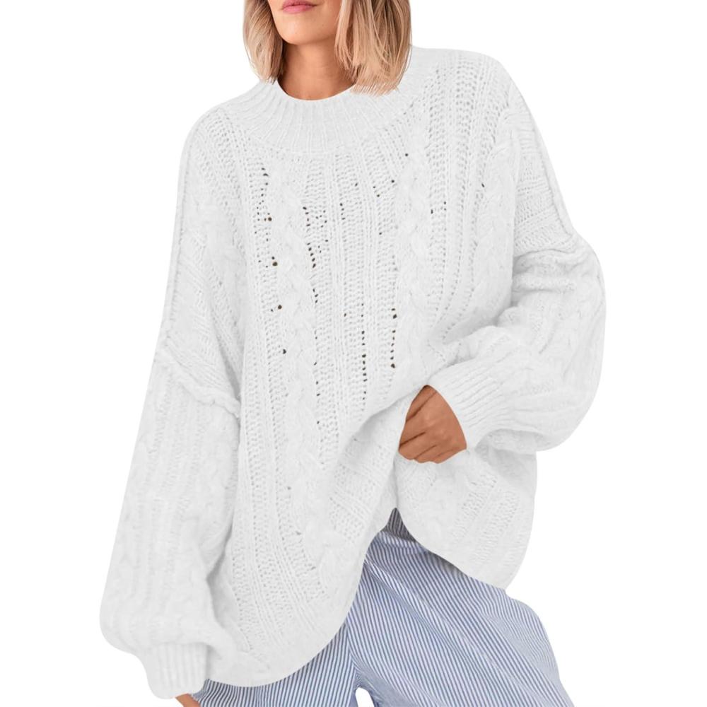 imageSaodimallsu Womens Oversized Sweaters Chunky Cable Knit Crew Neck Casual Long Lantern Sleeve Fall Tunic Sweater TopsWhite