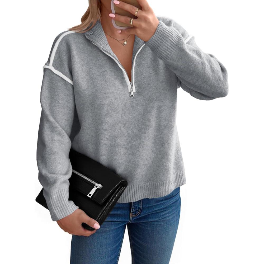 imageSaodimallsu Womens Quarter Zip Pullover Sweaters Casual Collared V Neck Color Block Long Sleeve Loose Knit Fall SweaterGray