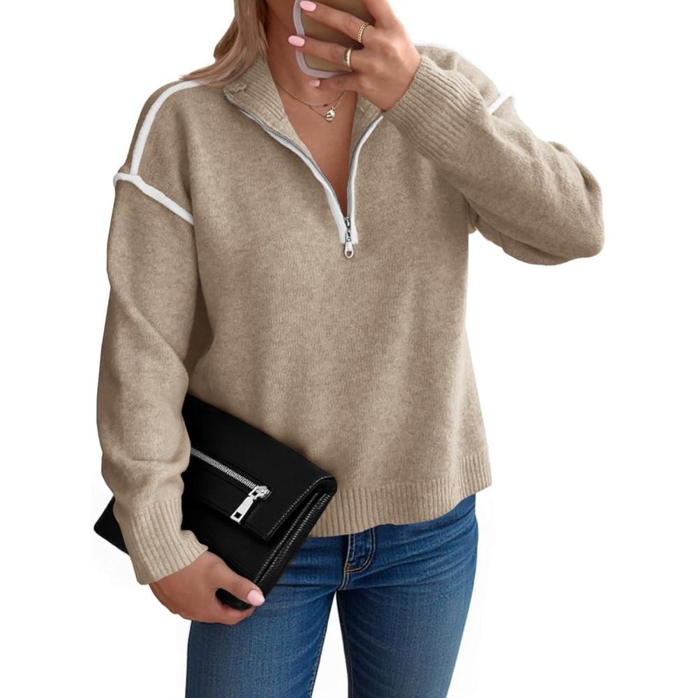 imageSaodimallsu Womens Quarter Zip Pullover Sweaters Casual Collared V Neck Color Block Long Sleeve Loose Knit Fall SweaterKhaki