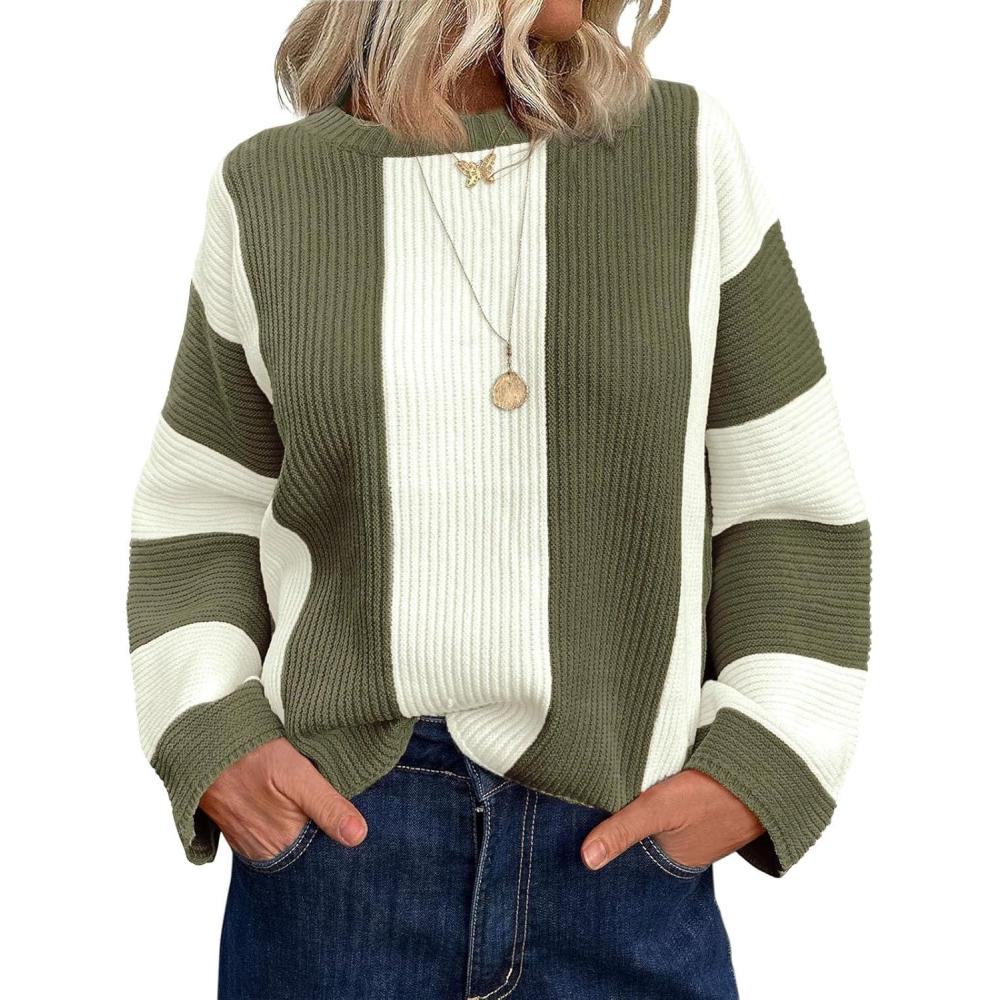 imageSaodimallsu Womens Striped Color Block Sweaters Fall Crew Neck Long Sleeve Ribbed Knit Casual Loose Pullover SweaterArmy Green