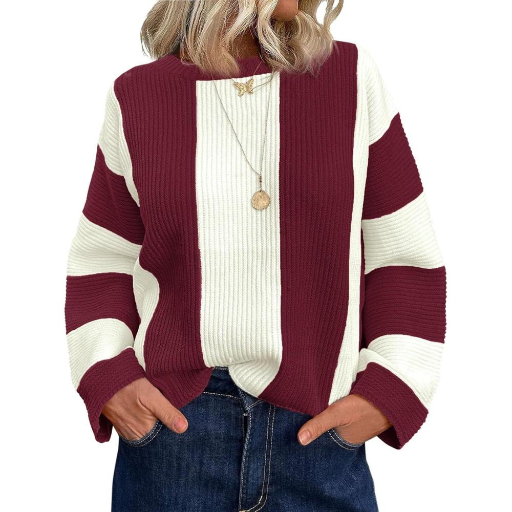 imageSaodimallsu Womens Striped Color Block Sweaters Fall Crew Neck Long Sleeve Ribbed Knit Casual Loose Pullover SweaterBurgundy