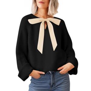 Saodimallsu Womens Bow Tie Sweater Crew Neck Long Sleeve Cute Fall Loose Cozy Knit Pullover Sweaters(Black)