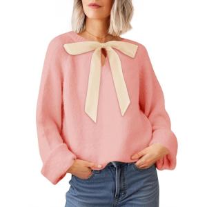 Saodimallsu Womens Bow Tie Sweater Crew Neck Long Sleeve Cute Fall Loose Cozy Knit Pullover Sweaters(Pink)