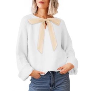 Saodimallsu Womens Bow Tie Sweater Crew Neck Long Sleeve Cute Fall Loose Cozy Knit Pullover Sweaters(White)