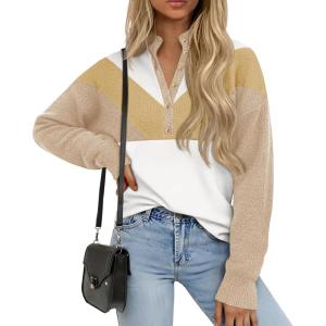 Saodimallsu Womens Color Block Sweaters Mock Neck Button Long Sleeve Knit Henley Shirts Loose Casual Pullover Tops(Apricot)