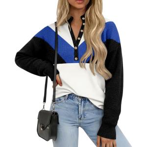 Saodimallsu Womens Color Block Sweaters Mock Neck Button Long Sleeve Knit Henley Shirts Loose Casual Pullover Tops(Blue)