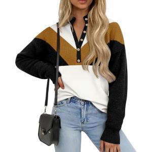 Saodimallsu Womens Color Block Sweaters Mock Neck Button Long Sleeve Knit Henley Shirts Loose Casual Pullover Tops(Brown)