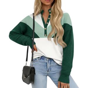 Saodimallsu Womens Color Block Sweaters Mock Neck Button Long Sleeve Knit Henley Shirts Loose Casual Pullover Tops(Geen)