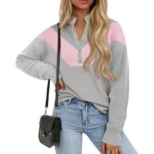 Saodimallsu Womens Color Block Sweaters Mock Neck Button Long Sleeve Knit Henley Shirts Loose Casual Pullover Tops(Grey)