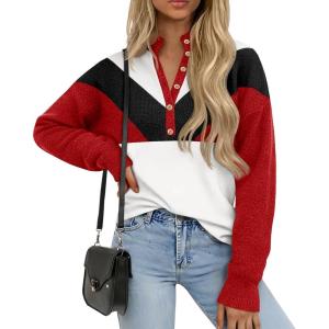 Saodimallsu Womens Color Block Sweaters Mock Neck Button Long Sleeve Knit Henley Shirts Loose Casual Pullover Tops(Red)