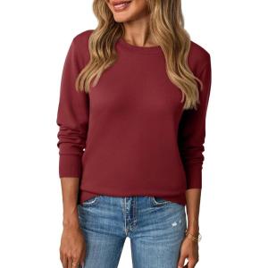 Saodimallsu Womens Fall Crew Neck Sweaters Cozy Knit Long Sleeve Lightweight Tops Basic Business Casual Outfits(Burgundy)