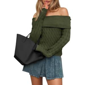 Saodimallsu Womens Off The Shoulder Sweaters Cable Knit Long Sleeve Sexy Fitted Fall Dressy Going Out Pullover Tops(Army Green)