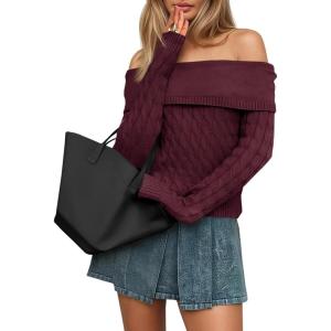 Saodimallsu Womens Off The Shoulder Sweaters Cable Knit Long Sleeve Sexy Fitted Fall Dressy Going Out Pullover Tops(Burgundy)