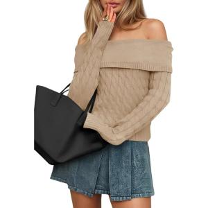 Saodimallsu Womens Off The Shoulder Sweaters Cable Knit Long Sleeve Sexy Fitted Fall Dressy Going Out Pullover Tops(Khaki)
