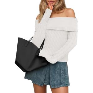 Saodimallsu Womens Off The Shoulder Sweaters Cable Knit Long Sleeve Sexy Fitted Fall Dressy Going Out Pullover Tops(White)