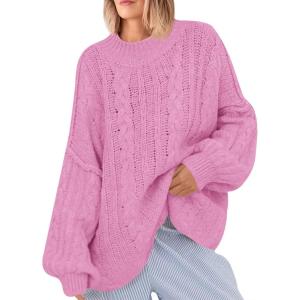 Saodimallsu Womens Oversized Sweaters Chunky Cable Knit Crew Neck Casual Long Lantern Sleeve Fall Tunic Sweater Tops(Bright Pink)