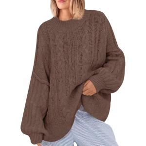 Saodimallsu Womens Oversized Sweaters Chunky Cable Knit Crew Neck Casual Long Lantern Sleeve Fall Tunic Sweater Tops(Coffee)