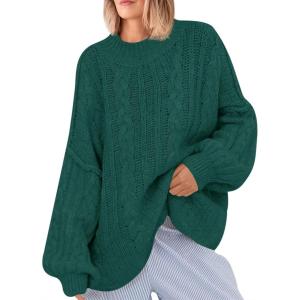 Saodimallsu Womens Oversized Sweaters Chunky Cable Knit Crew Neck Casual Long Lantern Sleeve Fall Tunic Sweater Tops(Dark Green)