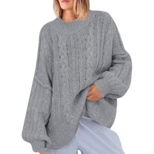 Saodimallsu Womens Oversized Sweaters Chunky Cable Knit Crew Neck Casual Long Lantern Sleeve Fall Tunic Sweater Tops(Gray)