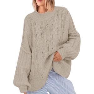 Saodimallsu Womens Oversized Sweaters Chunky Cable Knit Crew Neck Casual Long Lantern Sleeve Fall Tunic Sweater Tops(Khaki)
