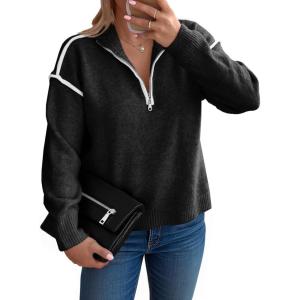 Saodimallsu Womens Quarter Zip Pullover Sweaters Casual Collared V Neck Color Block Long Sleeve Loose Knit Fall Sweater(Black)